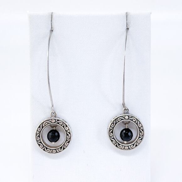 Vintage Sterling Silver 925 Ornate Black Glass Dangle Earrings - Picture 2 of 7